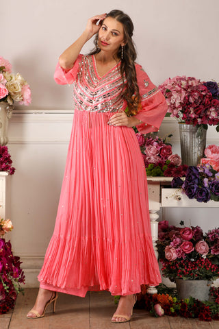Pink Long Dress with Straight Pants