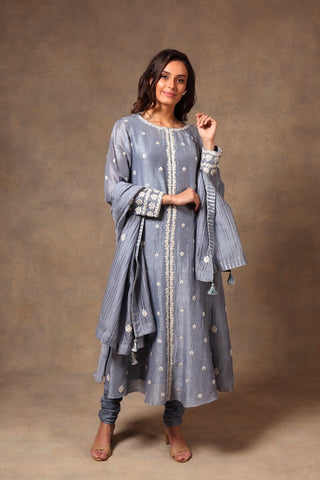 Hand-Woven Blue-Grey Pure Linen Silk Suit Set - Kavvach 