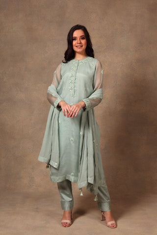 Fern green hand-woven pure katan silk suit set - Kavvach 