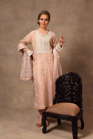 Hand-woven baby pink pure katan silk suit set - Kavvach 