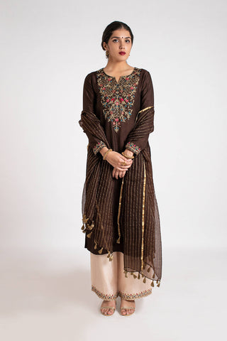 Cocoa Silk Kurta, Pant & Dupatta Set - Kavvach 