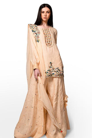 Embroidered Yellow Linen Kurta - Kavvach 