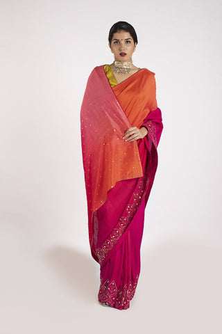 Pink and Tangerine Saree & Blouse Set - Kavvach 