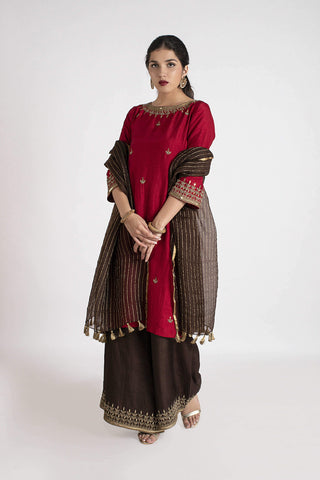 Red Silk Kurta, Palazzo & Dupatta Set
