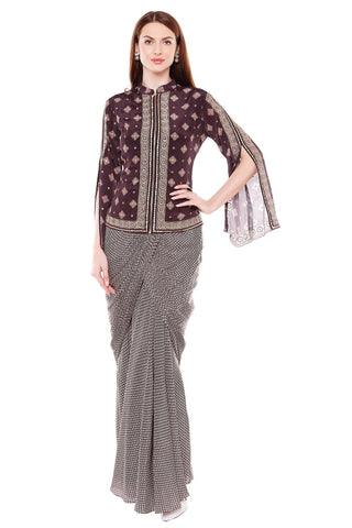 Printed Dhoti Draped Skirt with Jacket Set - Kavvach 
