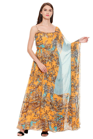 Mustard Yellow Long Dress With Dupatta - Kavvach 
