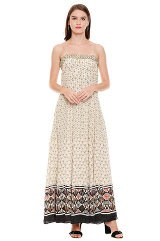 Mustard Printed Dress With Noodle Straps - Kavvach 