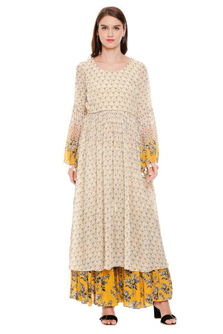 Mustard Printed Kurta with Palazzo - Kavvach 