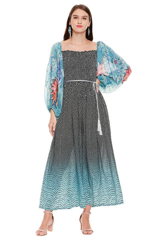 Smocking Printed Dress with Belt - Kavvach 
