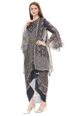 Printed Drape Dress with Chiffon Printed Jacket - Kavvach 