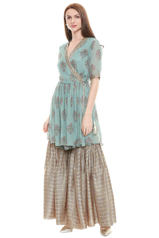 Green Printed Over Top with Sharara - Kavvach 