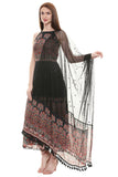 Black Printed Anarkali with Net Dupatta - Kavvach 