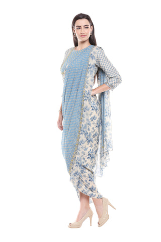 Blue Drape Dress with Drape Dupatta - Kavvach 