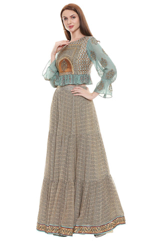 Green Crop Top with Three-Tiered Skirt & Net Dupatta - Kavvach 