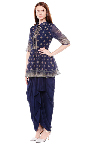 Printed Gathered Top with Dhoti Draped Skirt - Kavvach 