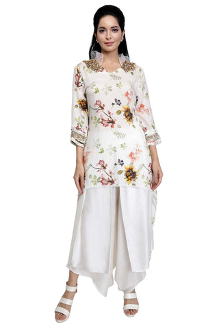 High Low Kurta with Drape Dhoti Pant Set - Kavvach 