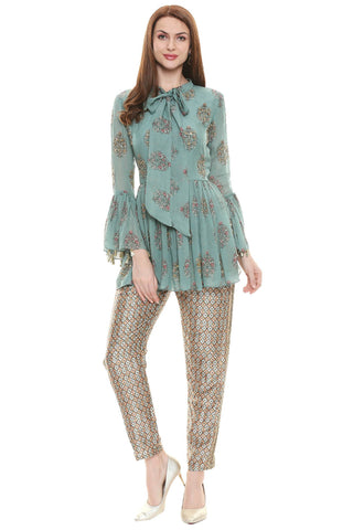 Green Printed Top and Pants Set - Kavvach 