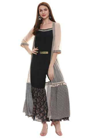 Gathered Printed Dress with Net Cape - Kavvach 
