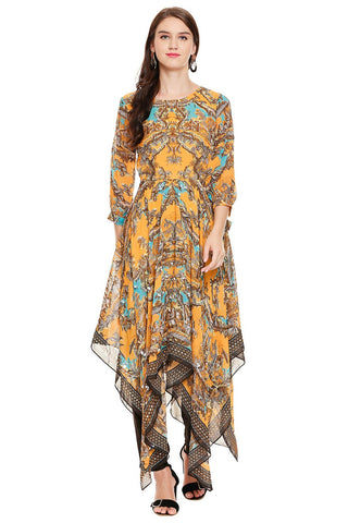 Mustard Yellow Printed Top With Pants - Kavvach 