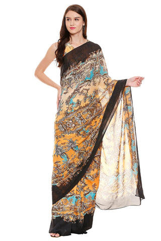 Mustard Yellow & Black Printed Pre-Stitched Saree Set - Kavvach 