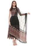 Black Printed Anarkali with Net Dupatta - Kavvach 
