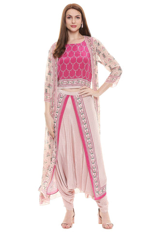 Pink Printed Crop Top and Dhoti Pants - Kavvach 
