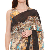 Mustard Yellow & Black Printed Pre-Stitched Saree Set - Kavvach 