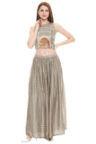 Green Printed Crop Top with Pleated Skirt - Kavvach 