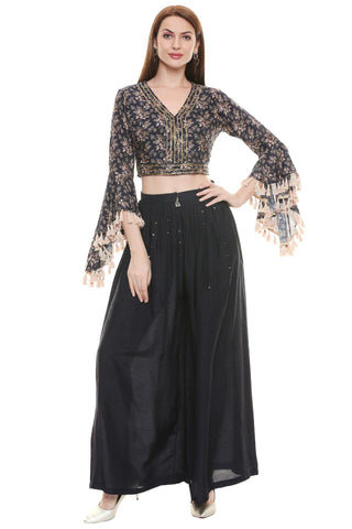 Flared Sleeves Crop Top with Pleated Pants Set - Kavvach 