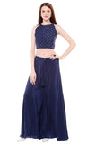 Blue Printed Crop Top with Palazzo Pants & Jacket - Kavvach 