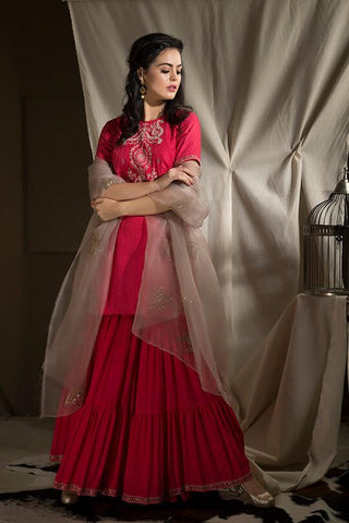 Embroidered kurta with sharara pants & dupatta - Kavvach 