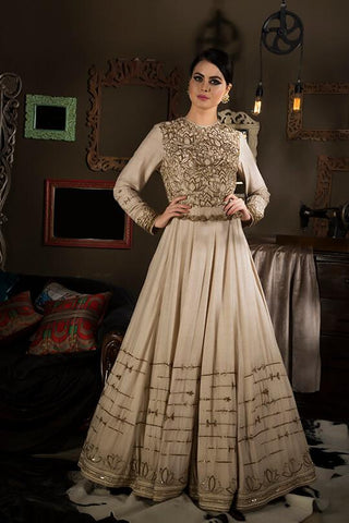 Beige Floor Lenght Gown - Kavvach 