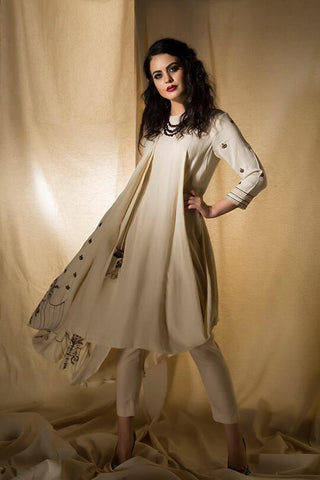 Ivory Draped Kurta with Pants - Kavvach 