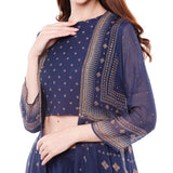 Blue Printed Crop Top with Palazzo Pants & Jacket - Kavvach 