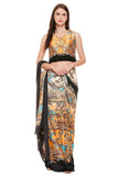 Mustard Yellow & Black Printed Pre-Stitched Saree Set - Kavvach 