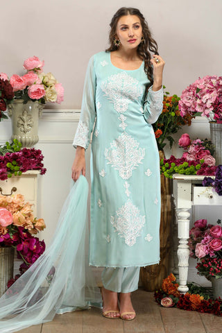 Embroidered Blue Long Kurta with Dupatta & Pants