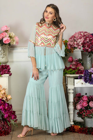 Aqua Blue Peplum Top & Sharara Pants - Kavvach 