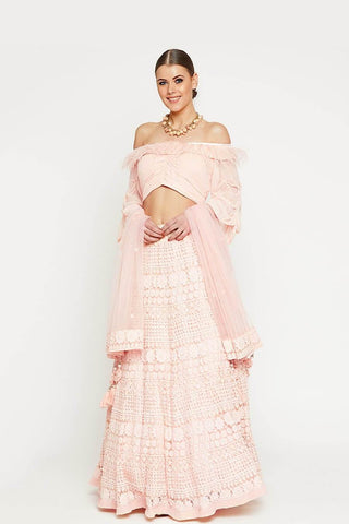 Off Shoulder Peach Lehenga - Kavvach 