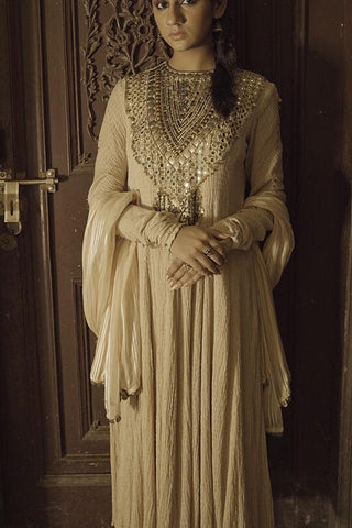 Beige Anarkali set with dupatta - Kavvach 