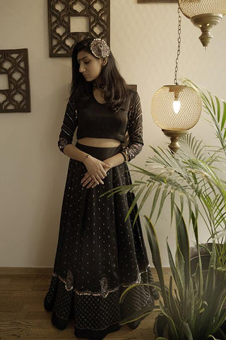 Black Aari Embroidered Lehenga Set - Kavvach 