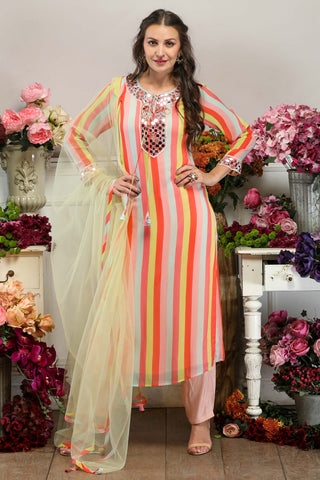 Multi Colored Long Kurta with Straight Pants