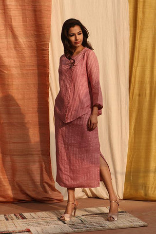 Pink Pure Linen Skirt Top With Stripes - Kavvach 