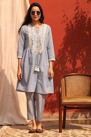 Blue Pure Cotton Tunic & Trousers Set - Kavvach 