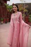 Hand-embroidered Light-pink Katan Silk Suit-set - Kavvach 