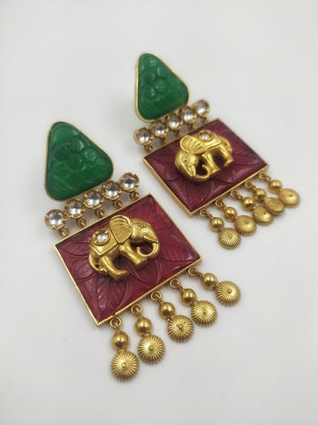 Red and Green Elephant Motif Earrings by Yuvaan Jewels - Kavvach 