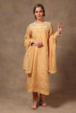 Hand-woven Yellow Pure Katan Silk Suit Set - Kavvach 