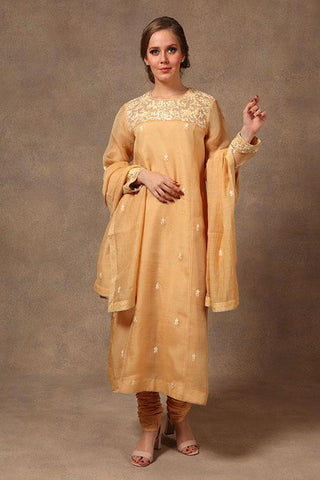 Hand-woven Yellow Pure Katan Silk Suit Set - Kavvach 