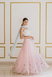 Embroidered Pink Lehenga with White Top - Kavvach 