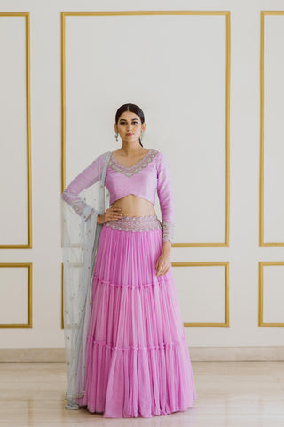 Lavendar Lehenga with Ice Blue Dupatta - Kavvach 