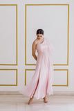 One-shoulder Pink Gown with Flared Sleeve - Kavvach 